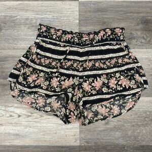 American Eagle Shorts Floral Pink Black M Paperbag Waist‎ Wide Leg Boho Fairy